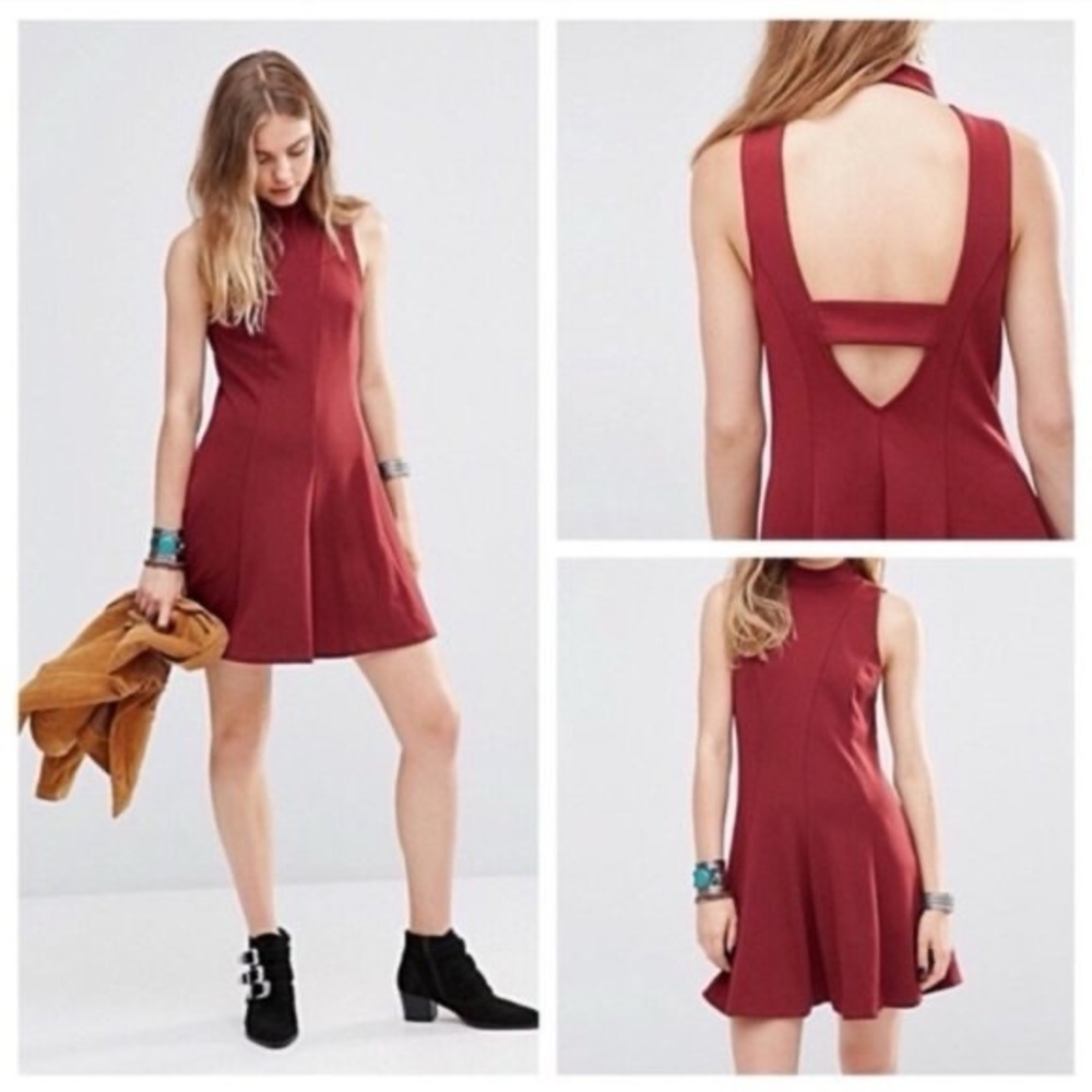 Free People Layla Burgundy Cha Cha Layla Ponte Fit and Flare Skater Dress Sz S